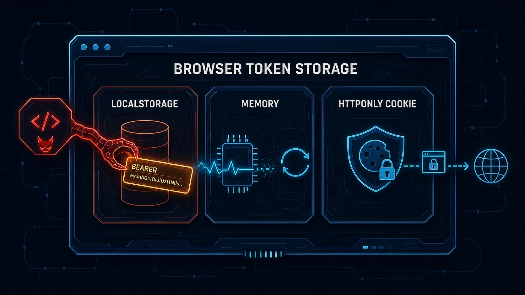 Browser access token shown in localStorage, memory, and an HttpOnly cookie while malicious JavaScript targets readable storage