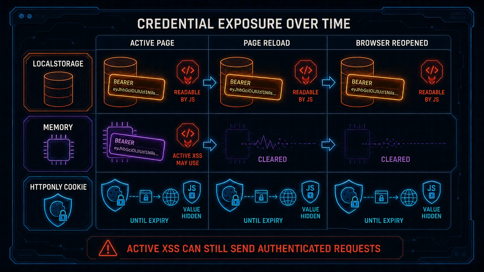 Timeline comparing localStorage persistence, memory clearing on reload, and an HttpOnly cookie whose value remains hidden from JavaScript