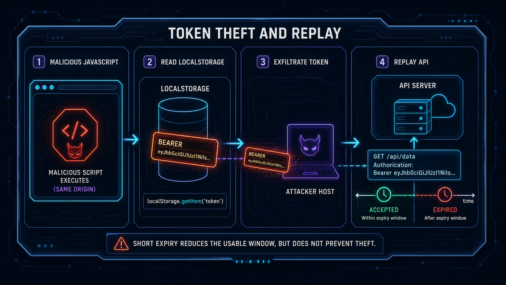 Malicious same-origin JavaScript reading a bearer token from localStorage, exfiltrating it, and replaying it against an API until expiry